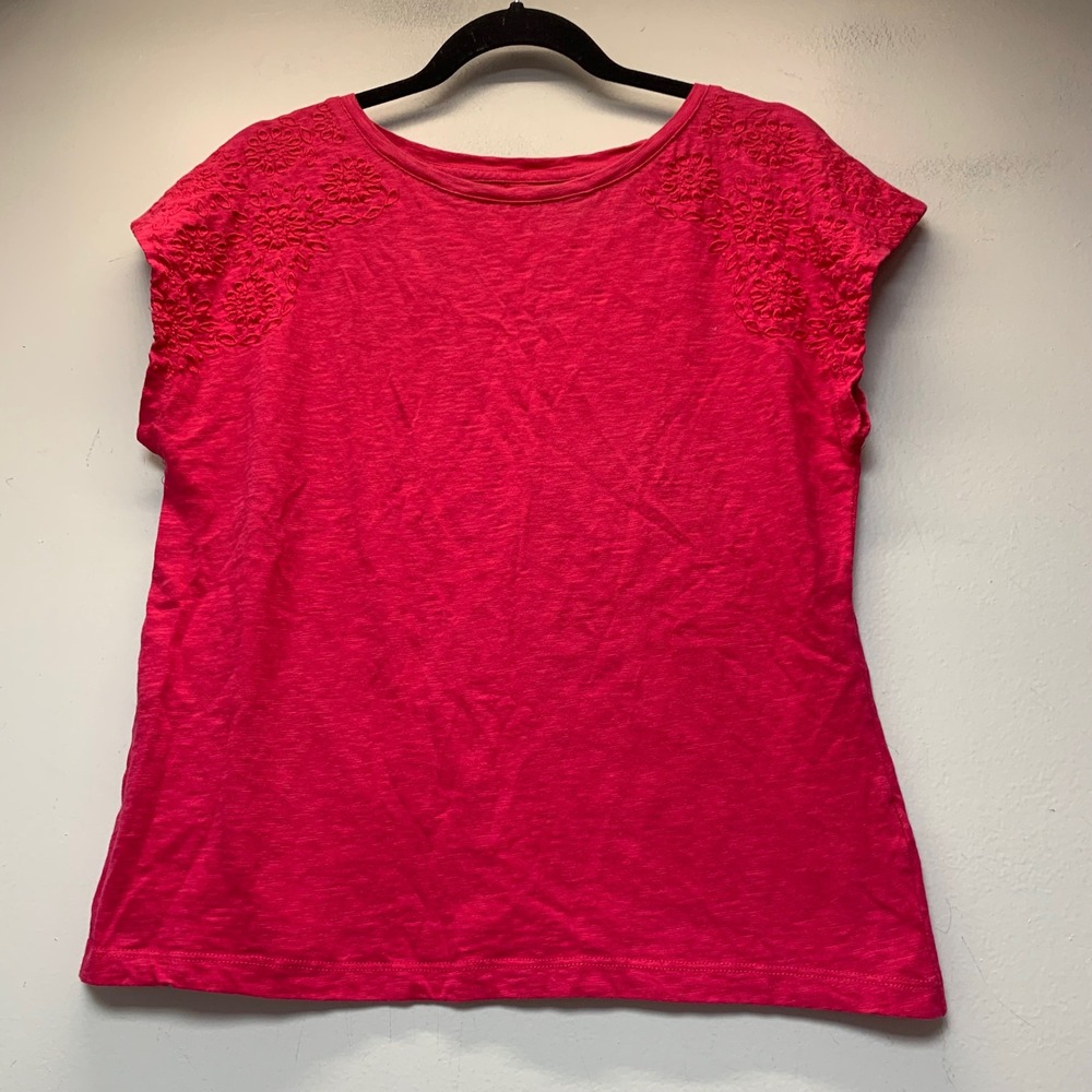 Talbots Cap Sleeve Top Womens M Pink Excellent Eyelet Embroidery Slub Cotton